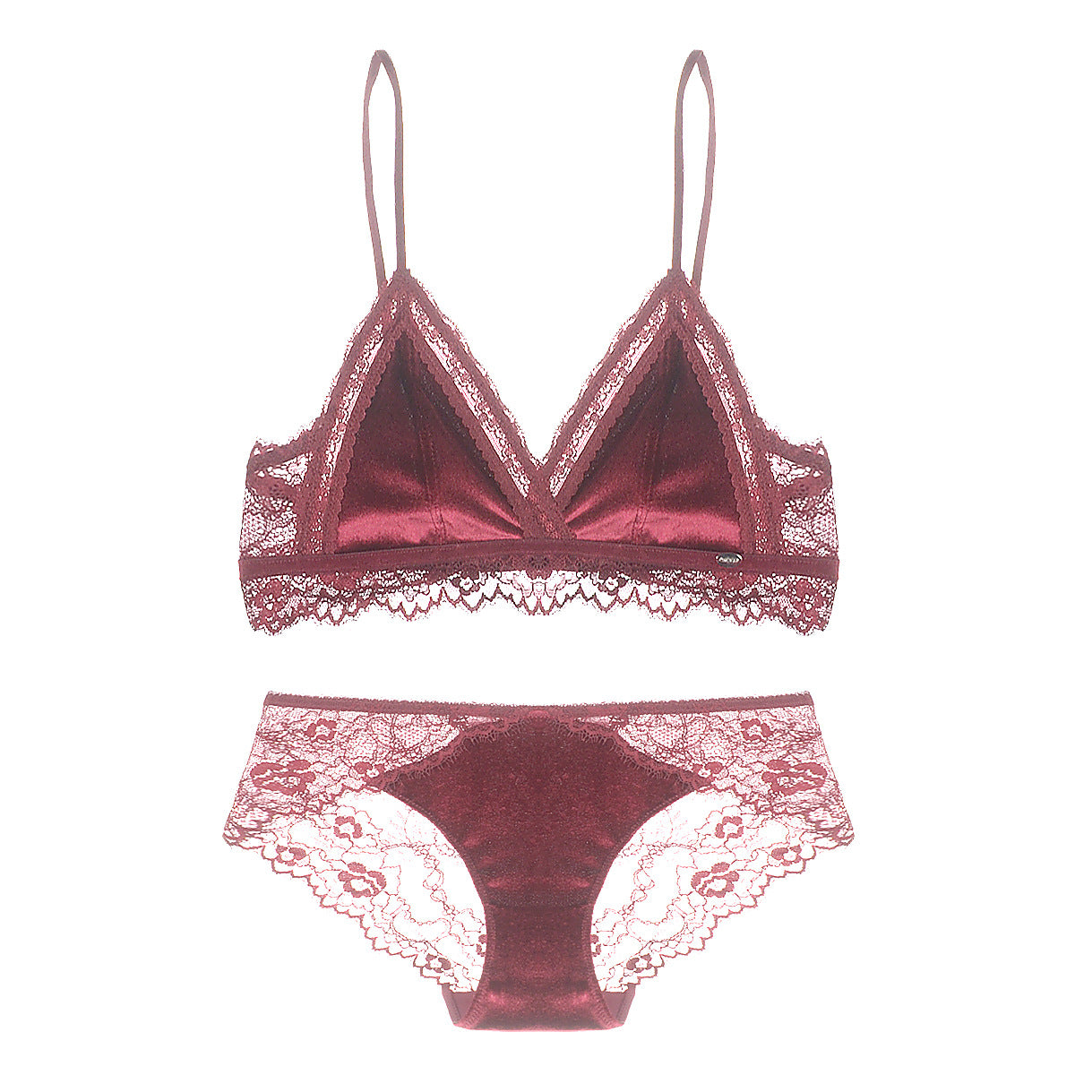 Satiny Lace Triangle Bra and Panty Set-Maroon-Theone Apparel