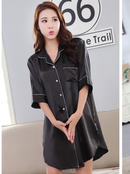 Silky Sleep Shirt with Piped Trim-Black-Theone Apparel