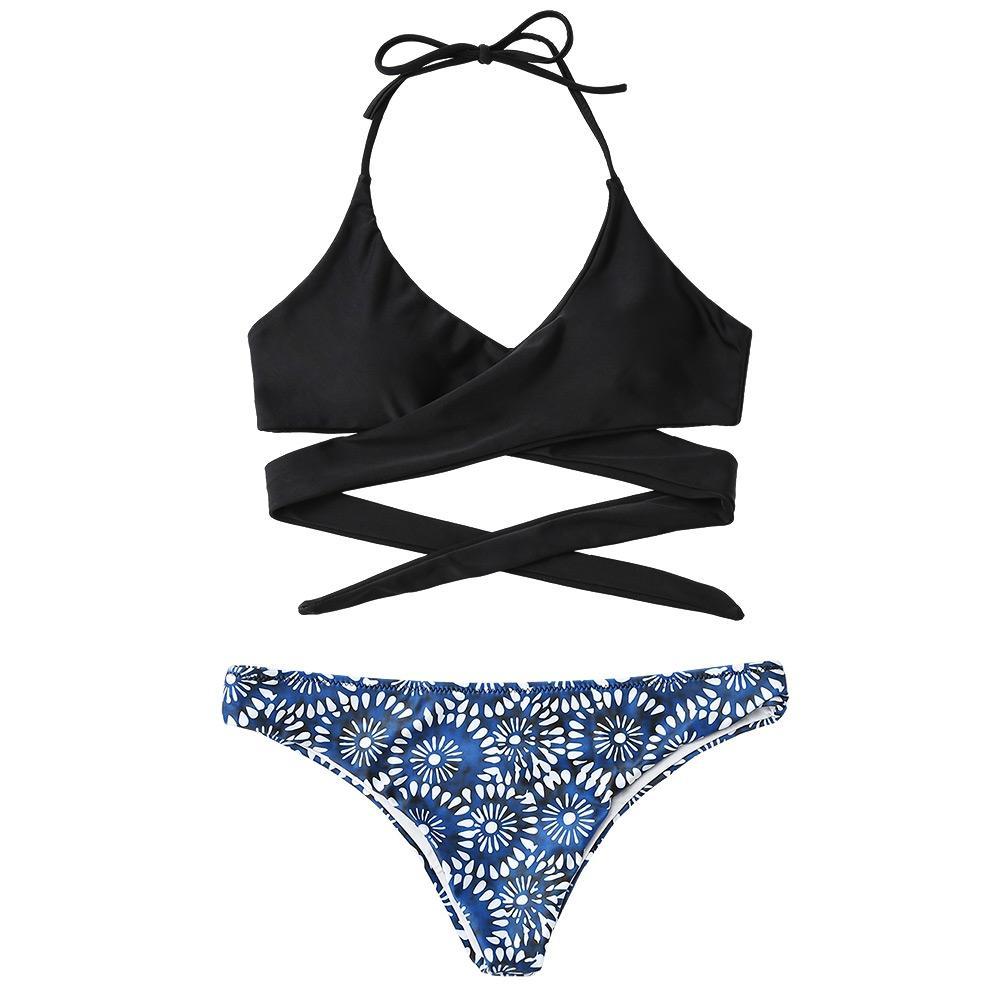 Solid Bikini Top And Printed Bottoms-Black-Theone Apparel