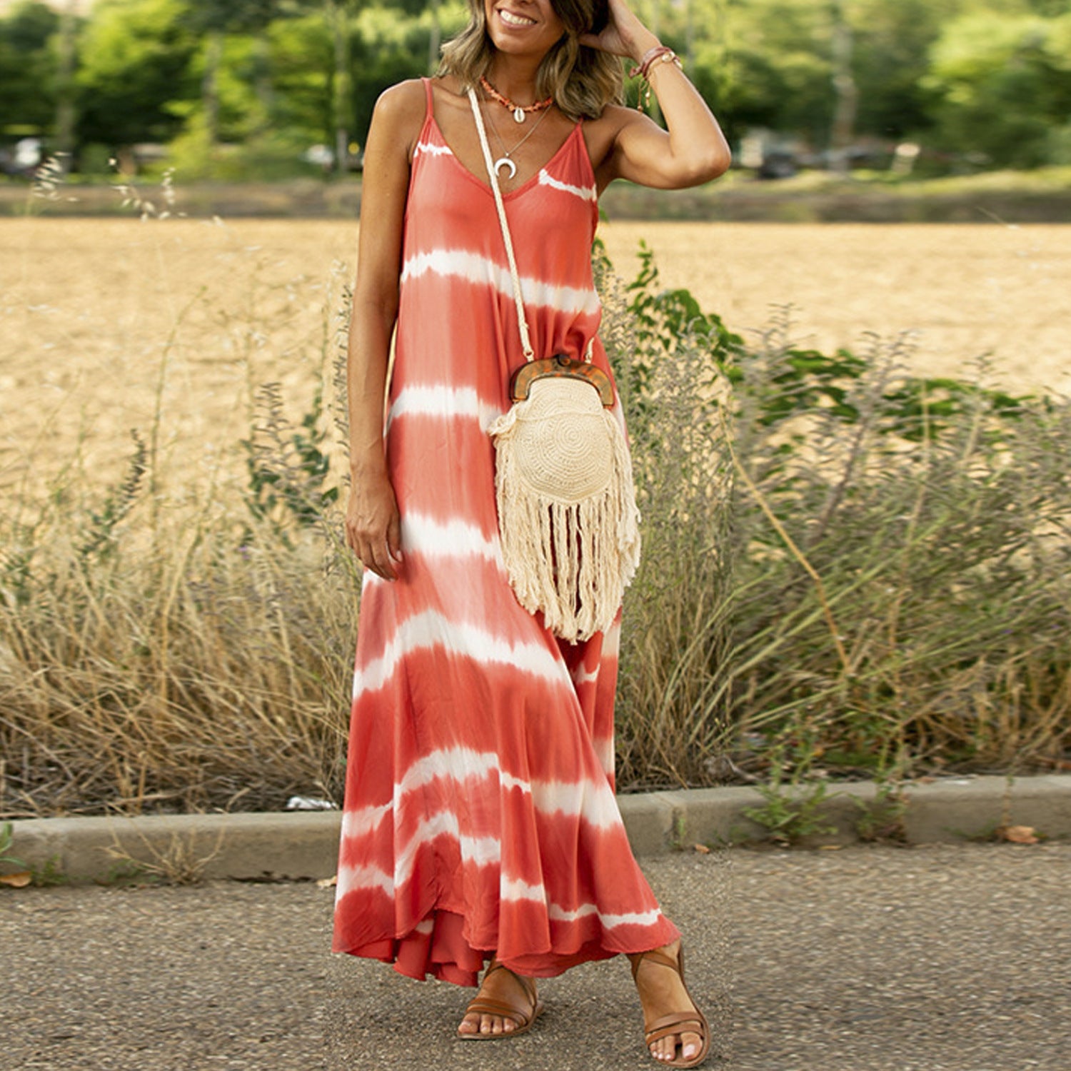Spaghetti Strap V-Neck Loose Fitting Tie-Dye Maxi Skirt-Orange-Theone Apparel