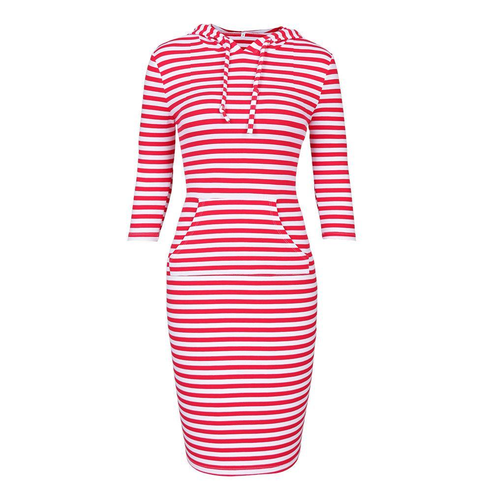 Sporty Drawstring Hood Sweater Dress-Red/White Long Sleeve-Theone Apparel