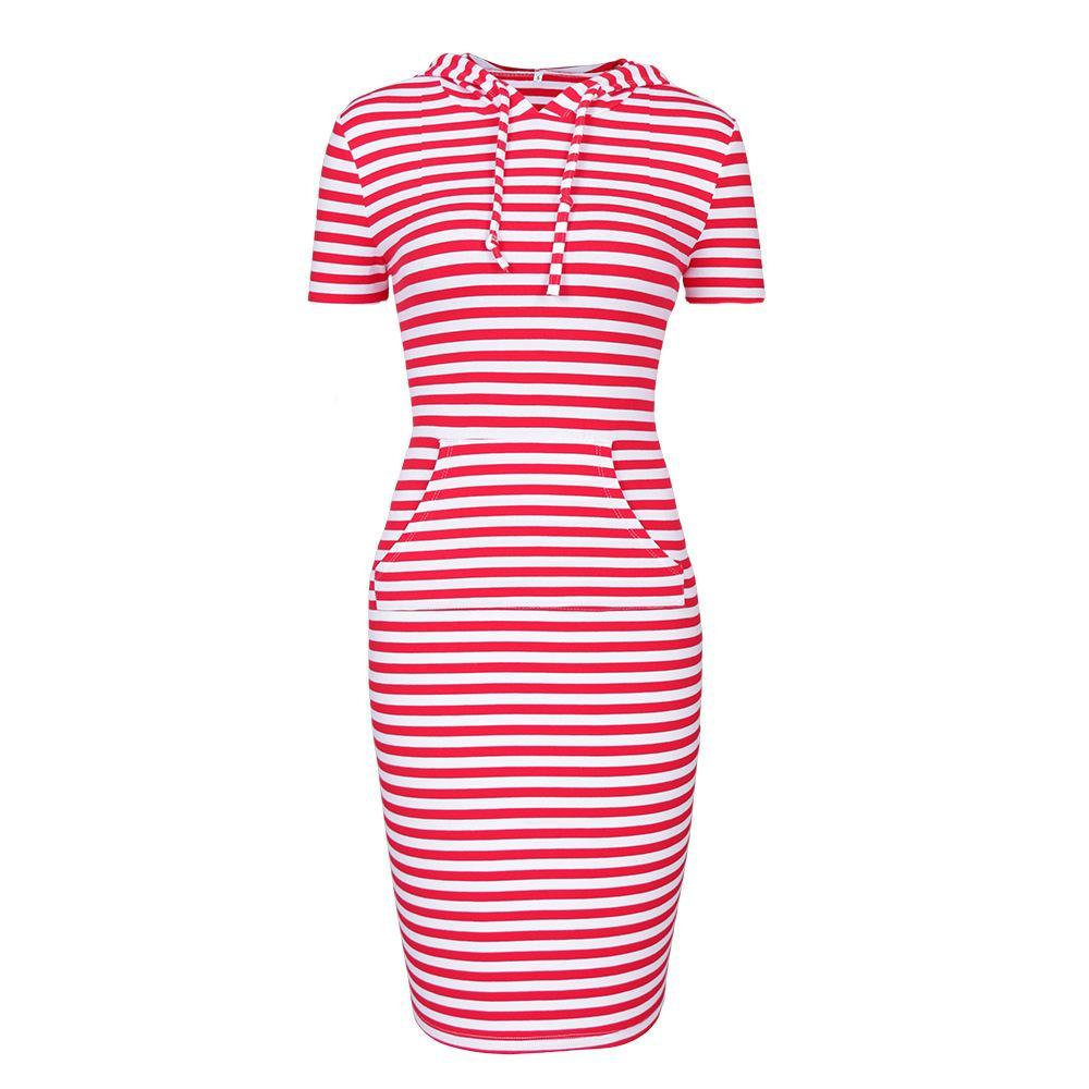 Sporty Drawstring Hood Sweater Dress-Red/White Short Sleeve-Theone Apparel