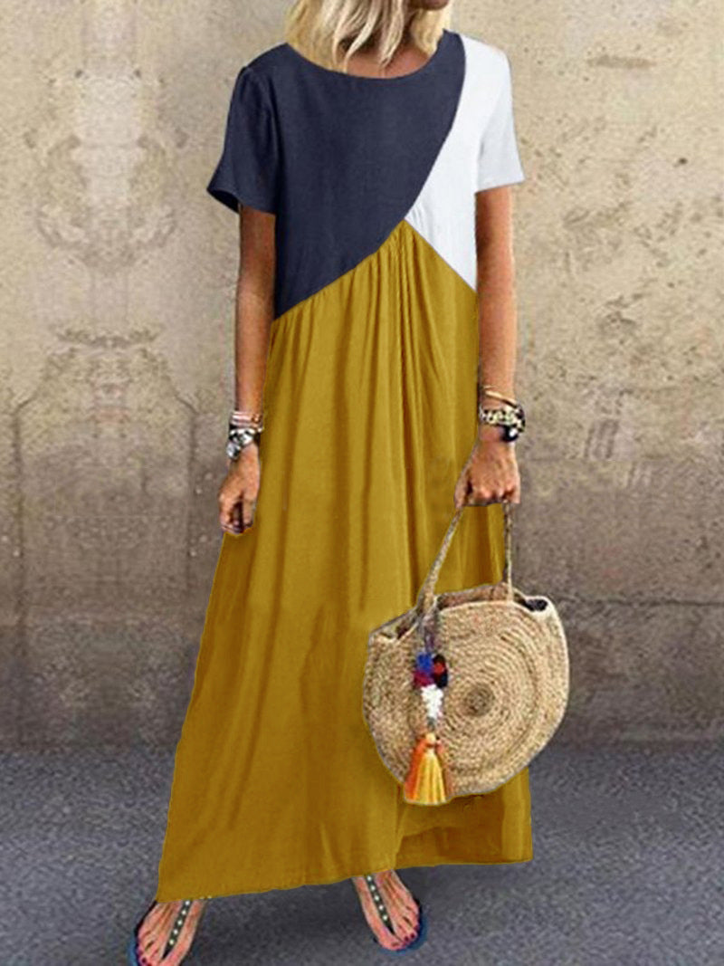 Tri Color Short Sleeve Loose Fitting Maxi Dress-Yellow-Theone Apparel