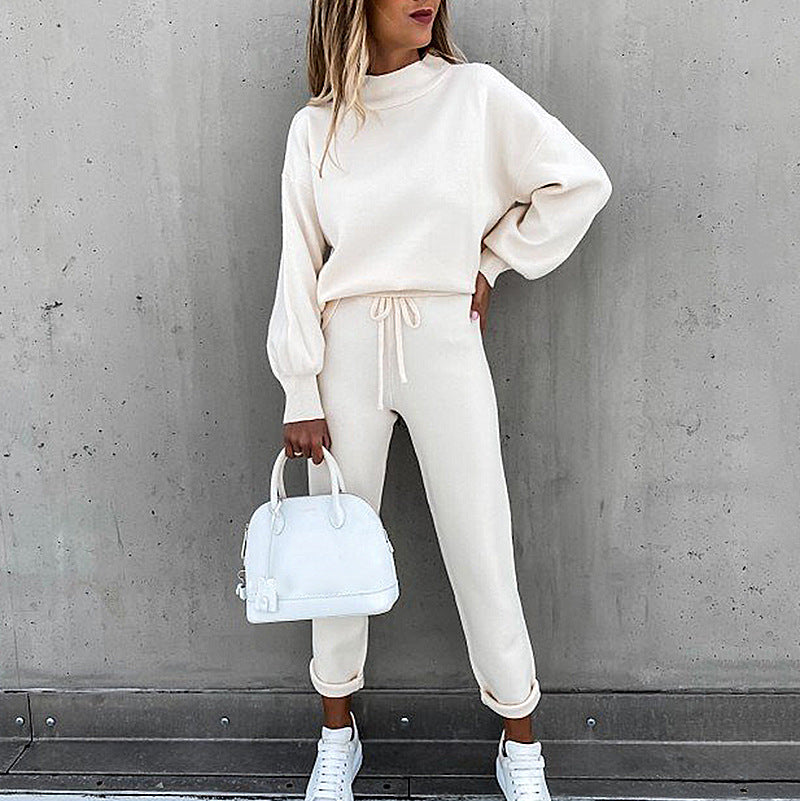 Two Piece Sweatshirt and Elastic Waist Pants Set-White-Theone Apparel