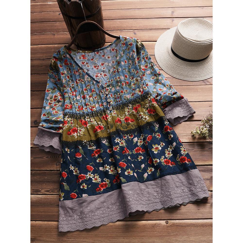 Vintage Boho Prints Smock Top-Dark Blue-Theone Apparel