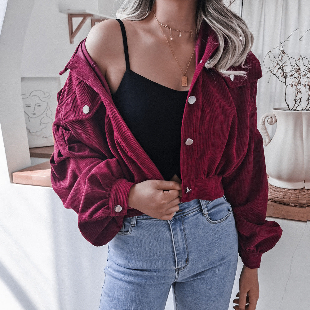 Women's Cropped Jacket with Buttons and Pockets-Claret-Theone Apparel