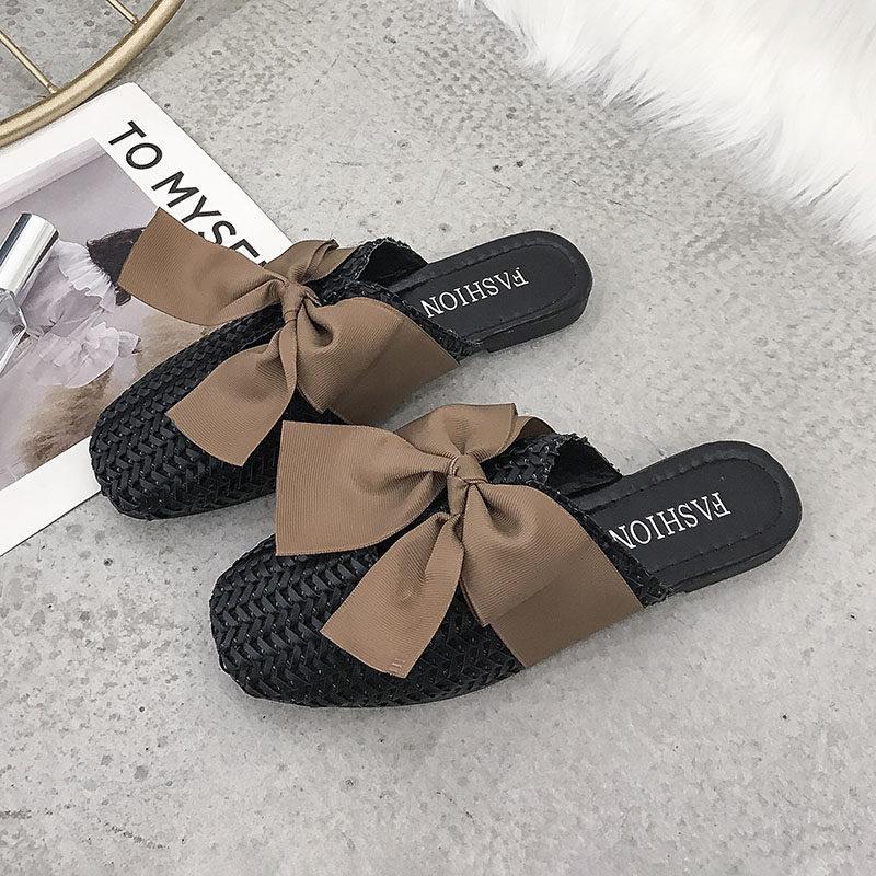 Woven Bow Top Slip On Sandals-Black-Theone Apparel